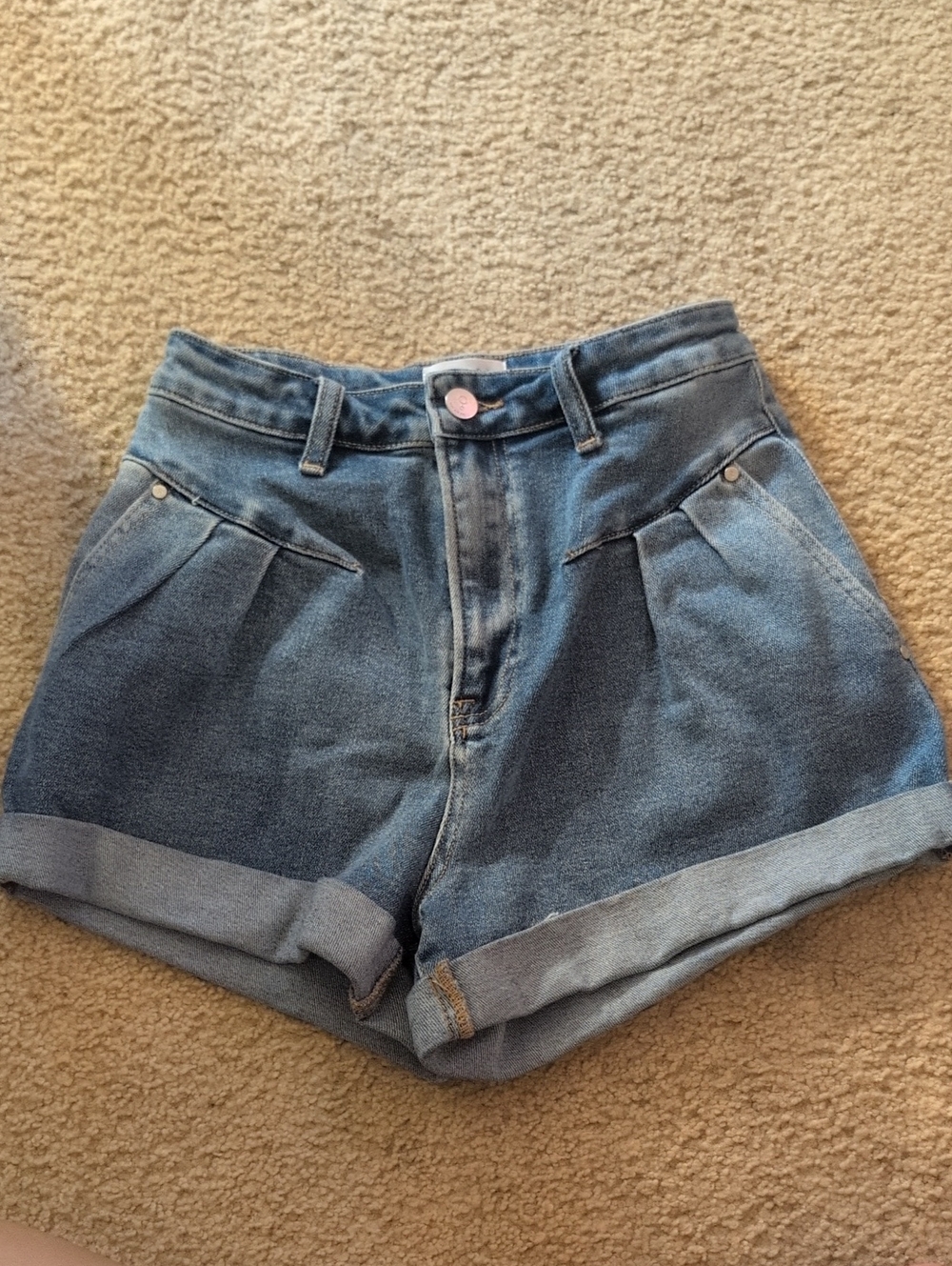 High-Rise Denim Pleated Women’s Shorts in Blue
